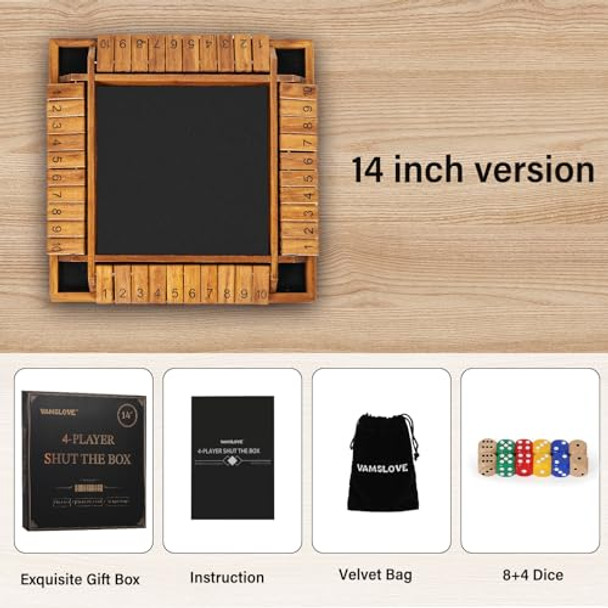 Vamslove D 14 Inches Shut The Box Dice Game Wooden Board Table Math Game With 8+4 Dice For 2-4 Player 4-Sided 10 Number Close The Box For Kids And Adult-Instruction Included