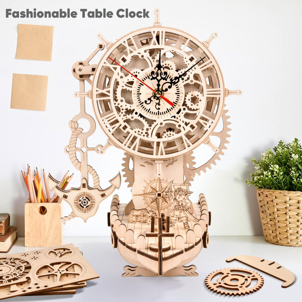 Varbertos 3D Wooden Puzzle Mechanical Clock – Pirate Ship Diy Model Kit For Adults & Teens, Build-Your-Own Wood Craft, Working Clock, Unique & Nautical Home Decor