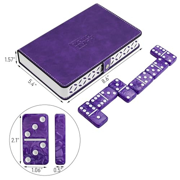 Vovotuzzi Dominos Set For Adults And Kids - Domino Set For Classic Board Games - Thick Jumbo Dominoes Double 6 For Travel Games - Purple Domino'S 28 Tiles With Case