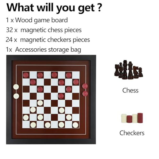 Wahartoly Wall Mounted Board Games Classic Checkers Game Strategy And Fun Games Art Decor For Home Checkers Board Game Magnetic Hanging Checkers And Chess Wooden Board Games (Checkers And Chess)