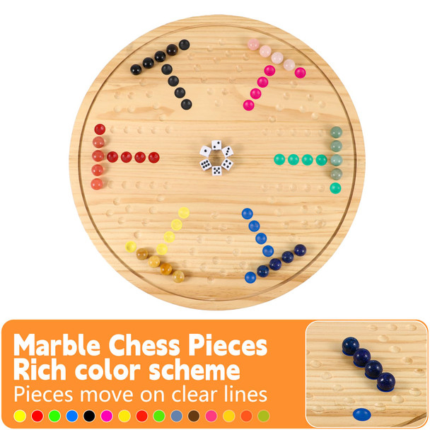 Wahartoly Circular Large Marble Board Game With Double-Sided Painted Wooden Fast Track Board Game With 30 Marbles 6 Dice4-Player Game 6-Player Game Universal Original Natural Marble (Burnt Color)