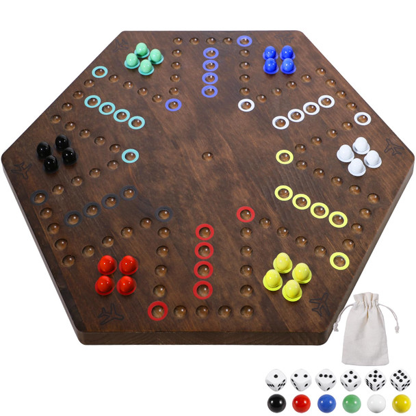 Wahartoly 15 Inches Wooden Fast Track Board Game Original Wahoo Board Game For 6 And 4 Players With Marbles And Dices Burnt Color Board Marble Game(Small)