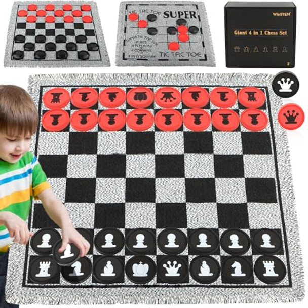 Winstem Giant 4 In 1 Chess Set,Jumbo Chess & Giant Checkers & Large Tic Tac Toe, Giant Chess Board Game For Kids Adults,Including 2 Extra Queen,Large Checkers Rug Game Mat, Indoor Outdoor Games Camping Party