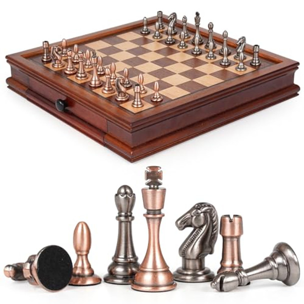 Wjzdy 12.5-Inch Wooden Chess Set With Weighted Metal Chess Pieces, Storage Drawer Wooden Chess Board, Includes 2 Extra Queens – Premium Board Games Metal Chess Set For Adults And Chess Enthusiasts