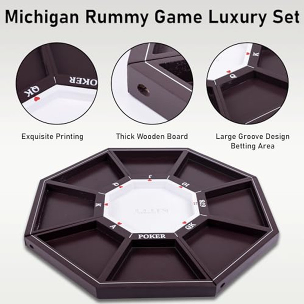 Wodgod Michigan Rummy Wooden Board Game Set, Tripoley Game,20 Inches Michigan Rummy Game Board, Deluxe Set, 200 Pcs Chips, 2 Deck Of Pokers, 1 Storage Bag,1 Game Manual,Classical Family Card Game