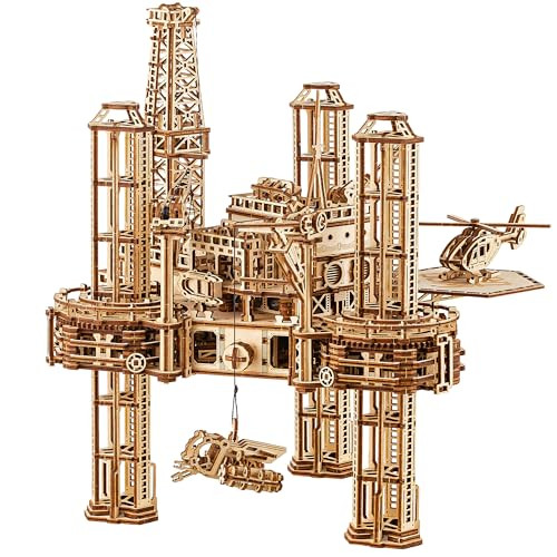 Wood Trick Offshore Rig Platform Wooden 3D Puzzles For Adults And Kids To Build - Interactive Movable Platform - Wooden Models Engineering Diy Project Mechanical 3D Wooden Puzzles Model Kits For Adult