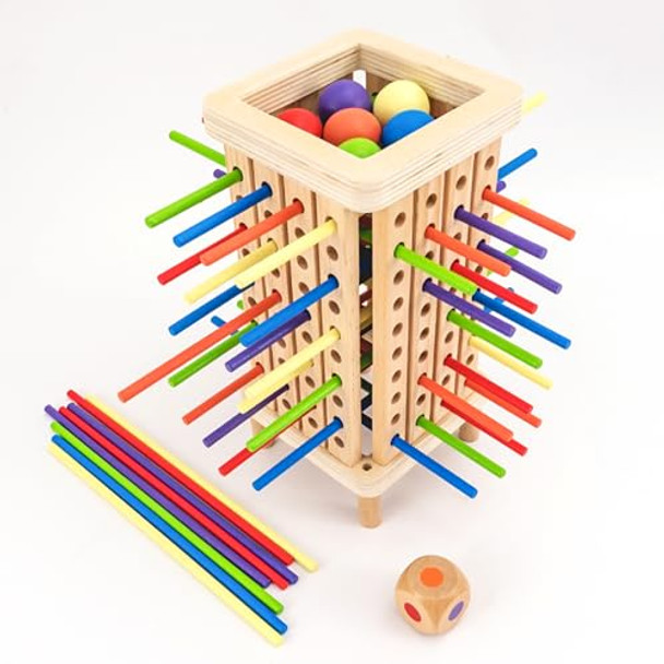 Xjyqjd Wooden Board Game Montessori Toys For 3 4 5 6 Years Old Boys Girls, Don'T Let Balls Fall Game For 2-4 Players (42 Colorful Sticks)