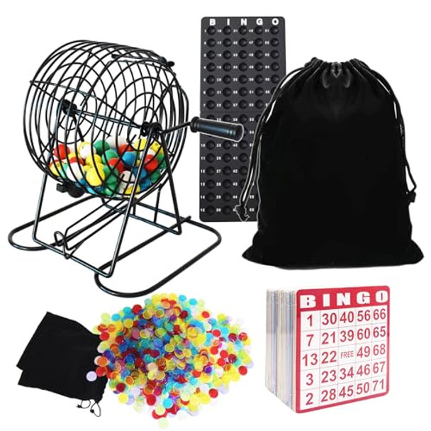 Yuanhe Deluxe Bingo Game Set - Includes 8" Metal Rotar Cage With Big Storage Bag,1000 Colorful Chips,100 Bingo Cards,75 Colored Balls And Masterboard, Great For Large Groups