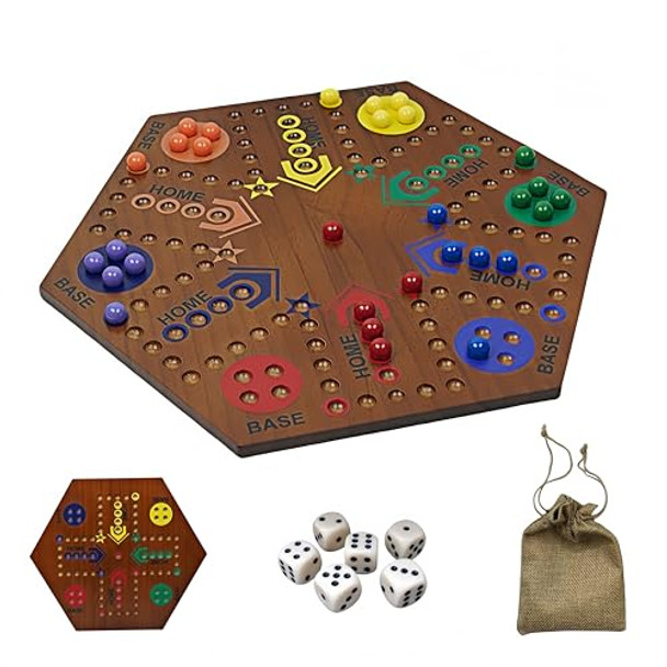 Ywmsgm Wooden Board Games- -Marble Board Game -Surfacepainting-Double Sided Painted 15Inch Fast Track For 6 And 4 Players With 6 Colors 30 Marbles 6 Dice For Kids Friends Family Game Party (Walnut)