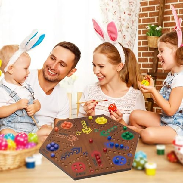 Ywmsgm Wooden Board Games- -Marble Board Game -Surfacepainting-Double Sided Painted 15Inch Fast Track For 6 And 4 Players With 6 Colors 30 Marbles 6 Dice For Kids Friends Family Game Party (Walnut)