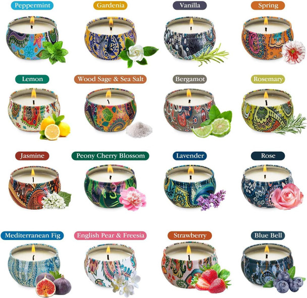 Set of 16 Small Scented Candles Soy Wax Aromatherapy Candles 2.5 OZ Portable Tin Candles with Lid, Relaxation Gifts Basket for Mother, Women, Friends and Coworkers Set of 16 Small Scented Candles Soy Wax Aromatherapy Candles 2.5 OZ Portable Tin Candles with Lid, Relaxation Gifts Basket for Mother, Women, Friends and Coworkers