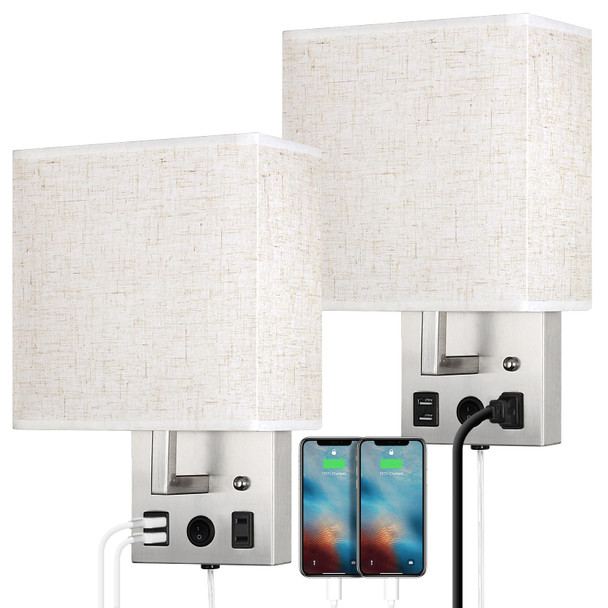 Caduke Bedside Wall Lamp Set Of 2 Plug In Wall Light With Usb Charging Ports And Ac Outlet Socket Brushed Nickel Modern Wall Sconces With Plug In Cord For Bedroom Living Room E26 Led Bulb Included Caduke Bedside Wall Lamp Set Of 2 Plug In Wall Light With Usb Charging Ports And Ac Outlet Socket Brushed Nickel Modern Wall Sconces With Plug In Cord For Bedroom Living Room E26 Led Bulb Included