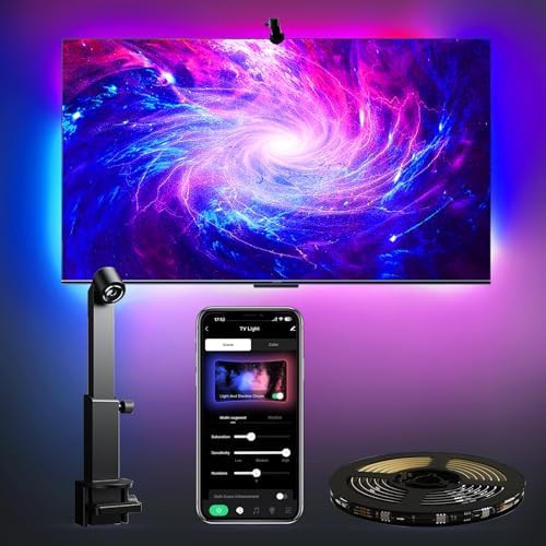Cciland Tv Led Backlight With Camera For 55-65 Inch Screens 13Ft Led Strip Lights Sync To Screen & Music Rgb Built In Chip Strip Lights Color Changing Smart App Control Usb Power