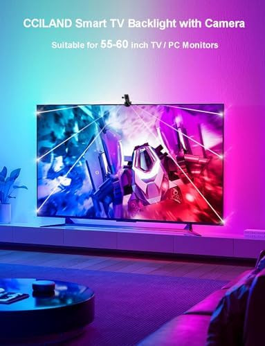 Cciland Tv Led Backlight With Camera For 55-65 Inch Screens 13Ft Led Strip Lights Sync To Screen & Music Rgb Built In Chip Strip Lights Color Changing Smart App Control Usb Power