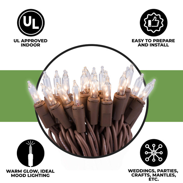 612 Vermont 20 Clear Mini Christmas String Lights On Brown Wire Cord Ul Approved For Indoor Use Only 5 Foot Of Lighted Length 6 Foot Of Total Length