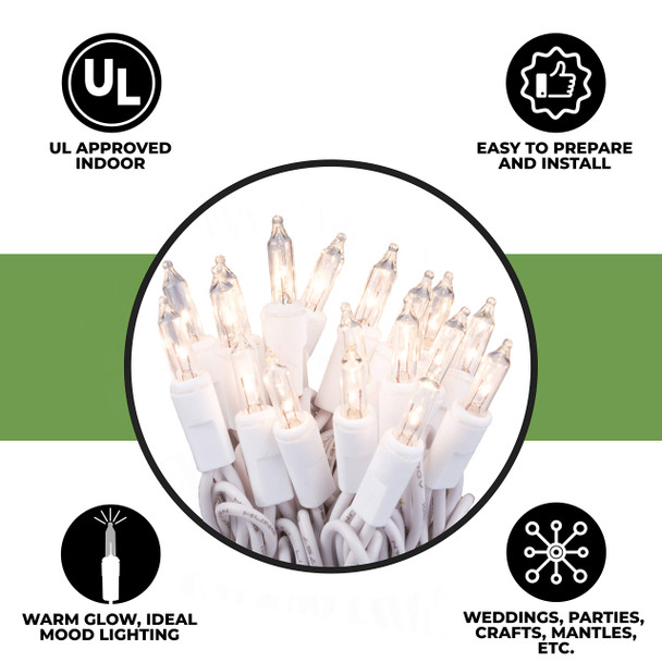 612 Vermont Clear 20 Count Christmas String Lights On White Wire Cord Ul Approved For Indoor Use Only Total Length 4.9 Foot Lighted Length 3.4 Foot