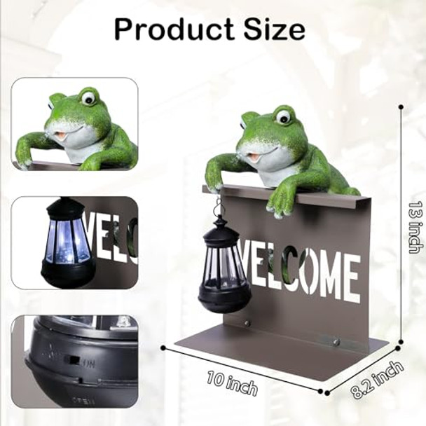 Afirst Solar Garden Statues Outdoor Figurine Lights Cute Frog Scuplture Holding Lantern With Welcome Fence Solar Hanging Decor For Garden Outdoor Decoration