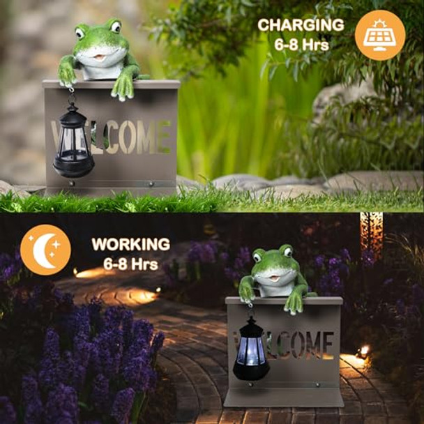 Afirst Solar Garden Statues Outdoor Figurine Lights Cute Frog Scuplture Holding Lantern With Welcome Fence Solar Hanging Decor For Garden Outdoor Decoration