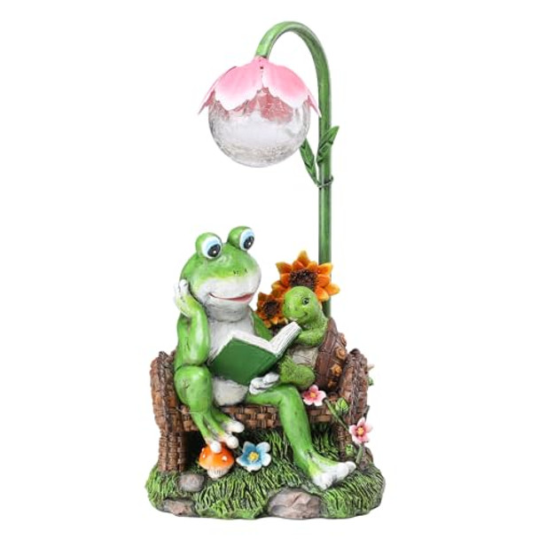 A-First Solar Garden Outdoor Statues Frog Turtle Reading Sculptures Figurine With Solar Lights For Patio Balcony Yard Ornament Outdoor Decor