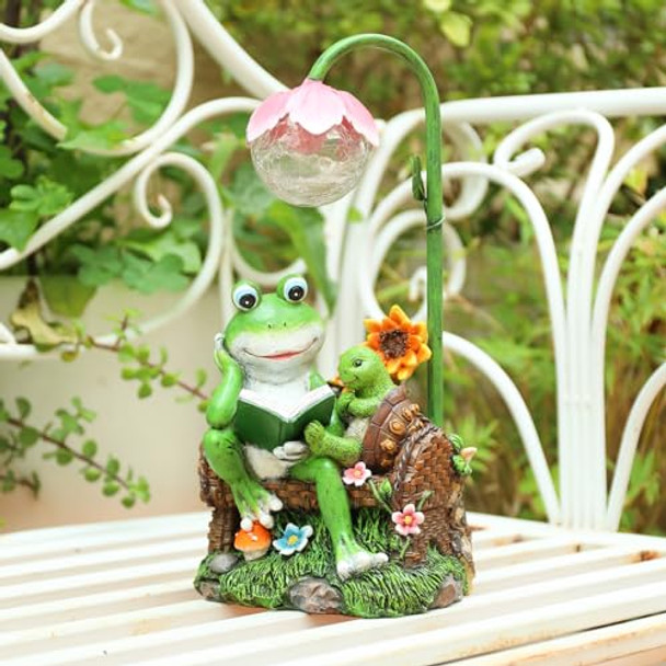 A-First Solar Garden Outdoor Statues Frog Turtle Reading Sculptures Figurine With Solar Lights For Patio Balcony Yard Ornament Outdoor Decor