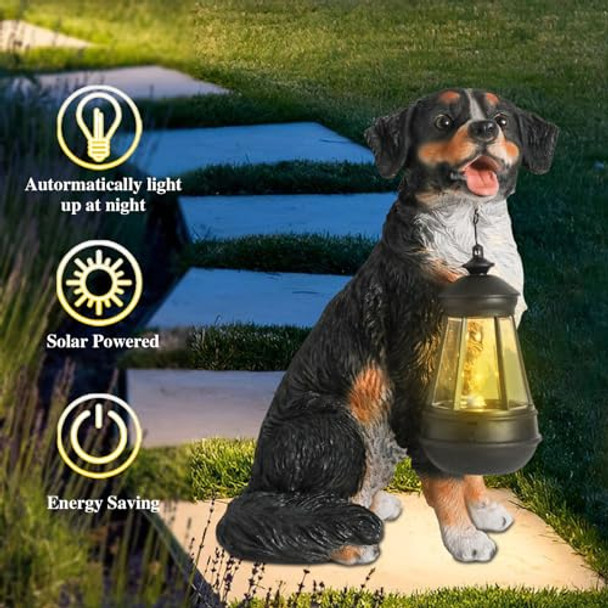 Afirst Dog Garden Statue - Outdoor Decor With Solar Lantern Lovely Bernese Mountain Dog Figurine Patio Lawn Yard Art Ornaments Housewarming
