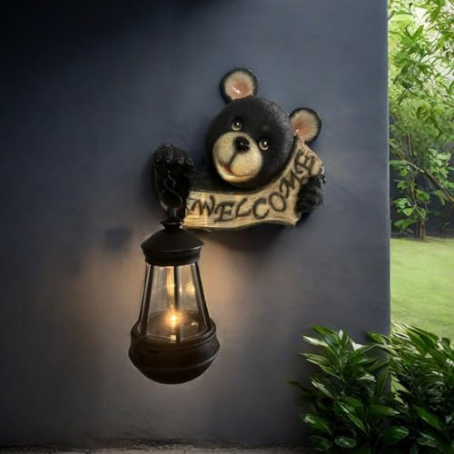 Akv Black Bear Statue With Solar Light And Welcome Sign Wall Mount Black Bear Decor Figurine For Garden Patio Yard Wall Decor Cute Outdoor Bear Statue For House Decorations Size:10.82X6.49X3.93 Inch