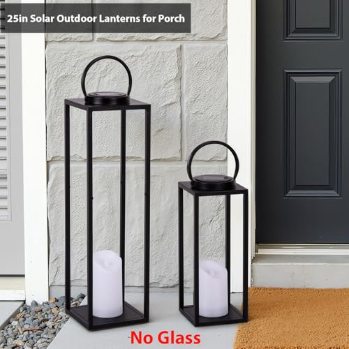 All Fortune Large Solar Outdoor Lanterns 25" 16" Tall Farmhouse Black Metal Waterproof Decorative Lanterns With Solar Candles For Front Porch Patio Christmas Fall Decor- Set Of 2
