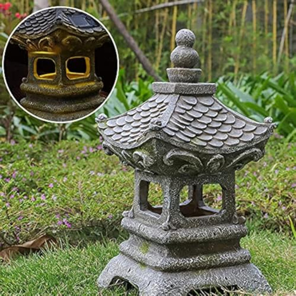 Aloak Asian Solar Zen Pagoda Garden Statue 14 Inch Outdoor Japanese Lamp Lantern For Home Garden Landscape Décor (14 Inch Pagoda)