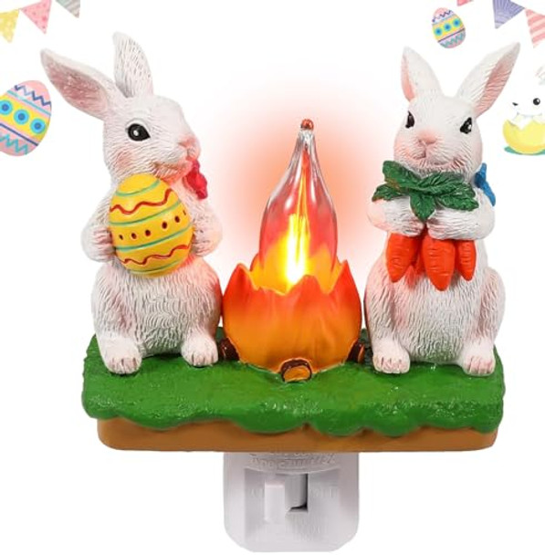 Amailtom Easter Night Lights Plug Into Wall Lighted Easter Bunny Figurines Decorations For Home3D Bunny Egg Campfire Flickering Nightlight Party Decor For Bedroom Hallway Stair Basket Stuffers S
