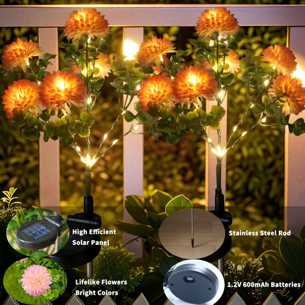 Amars 2 Pack Outdoor Solar Garden Lights Decor Waterproof Solar Powered Flowers Lamp Decorative 14Pcs Artificial Dahlia With Warm White Leds 29.5 Inch Solar Lights For Pathway Fence Yard Patio Lawn Porch