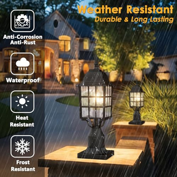 Aoceley Outdoor Post Light 2-Pack Exterior Lamp Post Light Fixture With Pier Mount Base Exterior Pole Lantern Light Black With Water Ripple Glass