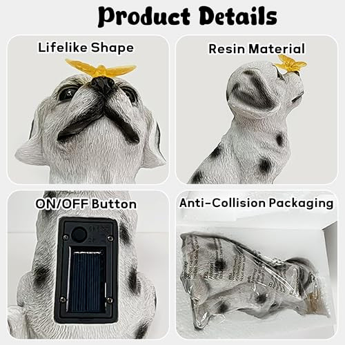 Arefugen Solar Dog Garden Statues With Butterfly Light - Dalmatian Puppy 7.7Inch Resin Outdoor Decorative Lawn Porch Patio Decor For Grandma Dog Lovers Housewarming Birthday