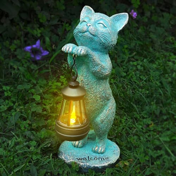 Asdfg Outdoor Garden Cat Statues Decor - Birthday S For Women Resin Cat Figurines With Solar Lantern For Yard Art Lawn Ornaments Porch Patio Balcony - S For Grandma Mom Wife