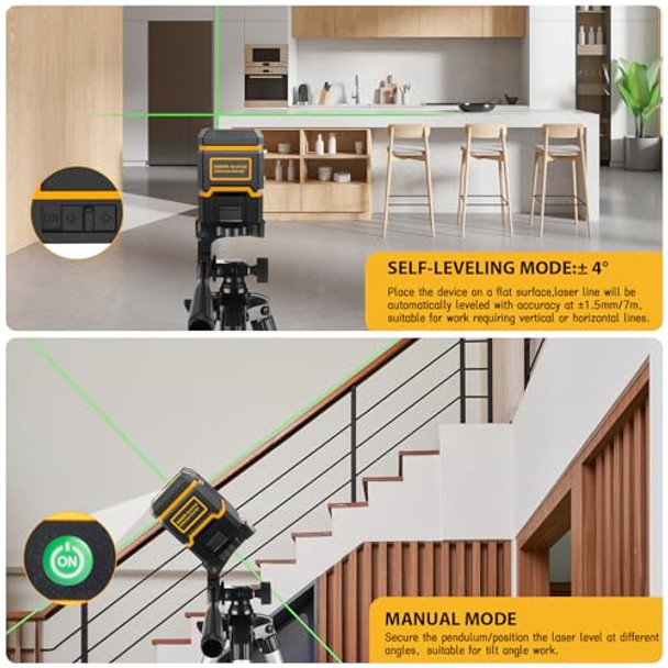 Asobris Laser-Level-With-Tripod Green Cross Line Laser With Tripod Self-Leveling Lazer Leveler Tool For Picture Hanging Construction Floor Tile Wall Home Renovation Indoor Project Battery Included