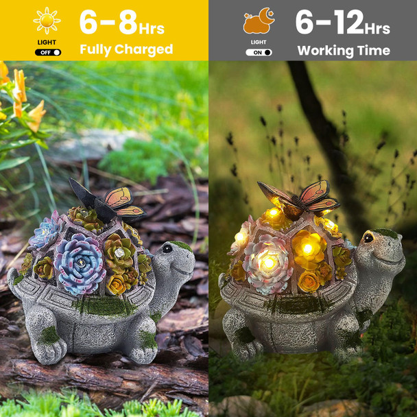 Aveki Solar Garden Statue Succulent Turtle Figurines With Butterfly & 5 Led Solar Lights Lawn Decor Statue For Garden Waterproof Animal Outdoor Decor Lights S For Mom Grandma (Butterfly)
