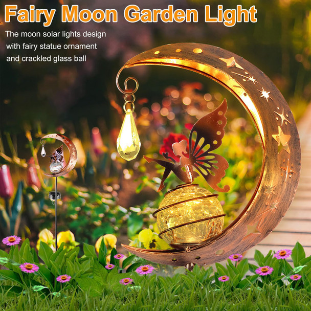 Aveki Fairy Garden Decor Moon Fairy Garden Solar Light With Crackle Glass Globe Waterproof Led Yard Decorations Outdoor Solar Yard Lights For Landscape Pathway Lawn Patio (Moon)