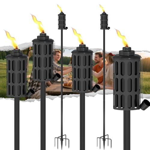 Babitey 6 Pcs Citronella Torches For Outside16Oz Outdoor Metal Garden Torches60" Garden Décor Torches With 5-Prong Grounded Stakeflam Torch Light For Backyard Patio Pathway