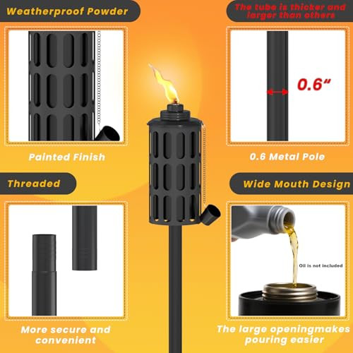 Babitey 6 Pcs Citronella Torches For Outside16Oz Outdoor Metal Garden Torches60" Garden Décor Torches With 5-Prong Grounded Stakeflam Torch Light For Backyard Patio Pathway