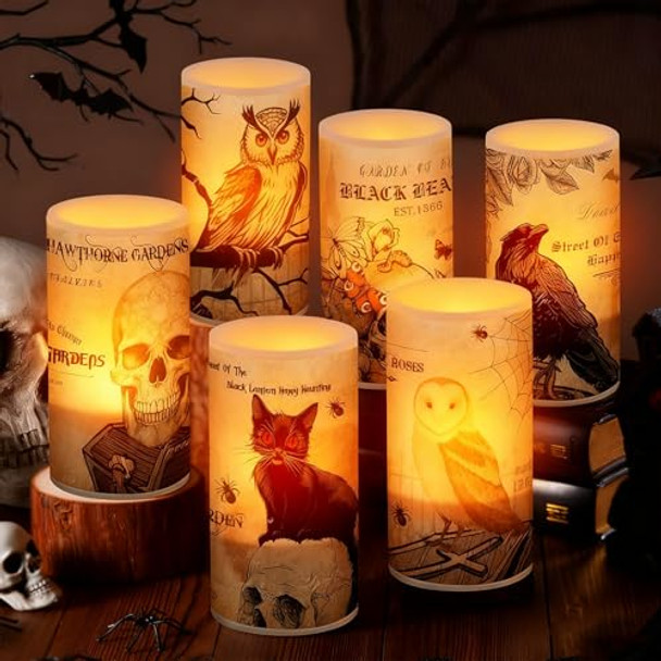 Baquler 6 Pcs Halloween Led Flameless Candles With Remote Timer Battery Operated Real Wax Spooky Ghost Skull Black Cat Bat Pumpkin Witch Flickering Pillar Candle Light For Home Window Gothic Party Decor