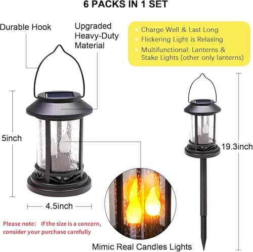 Beautyard Outdoor Solar Candles Lights Flickering Decorative Lantern Stake Lighting For Garden Backyard Lawn Pathway Patio Accessories And Decor ( Small 6 Pack  Black )…