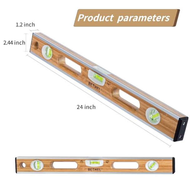 Bethel 24-Inch Bamboo Level Mortar Adhesion Resistant Light Level With Double Curved Acrylic Leveling Tubes For Masonry Applications And General Leveling