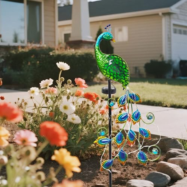 Cbaxeaxm Solar Peacock Garden Stake Lights Outdoor Waterproof Metal Glass Decorative Landscape Path Lights With Thick Stake Glow In The Dark Eye For Pathway Patio Lawn Yard