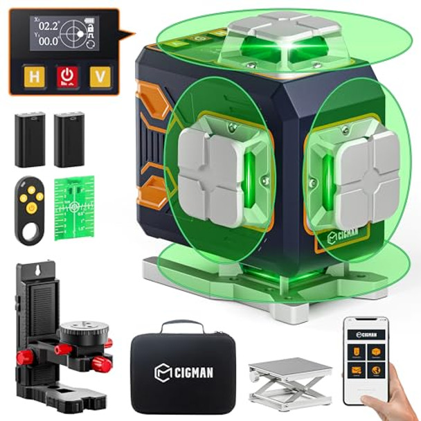 Cigman 4X360° 16 Lines Laser Level With Remote&App Control Green Self Leveling Cross Line Laser 4D Vertical/Horizontal Line For Construction Home Renovation Picture Hanging