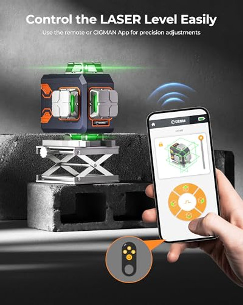 Cigman 4X360° 16 Lines Laser Level With Remote&App Control Green Self Leveling Cross Line Laser 4D Vertical/Horizontal Line For Construction Home Renovation Picture Hanging