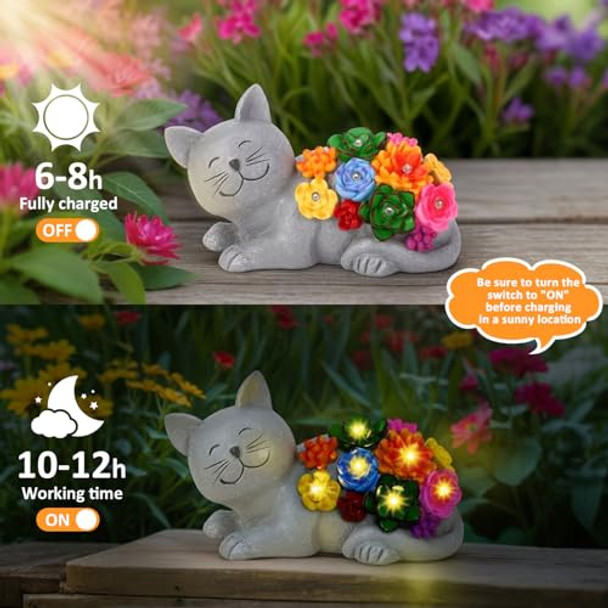 Cikoube Solar Garden Decor Cat Statue Lights Birthday S For Women Mom And Cat Lover Outdoor Decor With Succulentss And 6 Led Lights For Yard Art Lawn Patio Porch