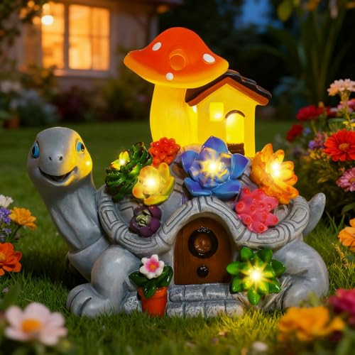 Cikoube Solar Garden Outdoor Statues Turtle With Succulent And 7 Led Lights Lawn Decor Turtle Figurine For Yard Patio Balcony Birthday S For Women Christmas S For Women