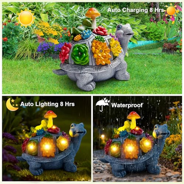 Cnpolook Solar Garden Outdoor Statues Turtle With Succulent And 9 Led Lights - Lawn Decor Tortoise Statue For Patio Balcony Yard Ornament - Unique Housewarming S（8.5 Inch）