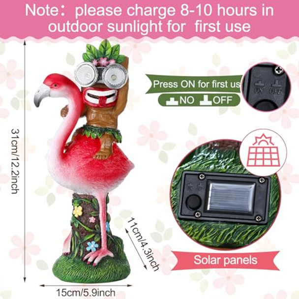 Colingmill Solar Tiki Statue Decorations Outdoor Garden Tiki Riding A Flamingos Statue Holding Telescope Led Light Tropical Garden Figurine For Bar Patio Balcony Lawn Yard Decor 12.2 Inch Tall