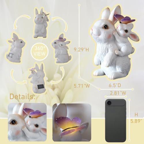 Corietta Solar Garden Statues Rabbit With Solar Lightsmother&Baby Bunny Figurine With Butterfly Changing Lights For Yard Art Garden&Patio Decorunique Easter&Birthday S For Women Mom Grandma