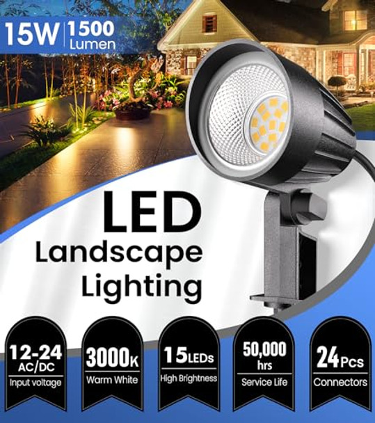 Crodial Low Voltage Landscape Lighting 15W Led Landscape Spotlights With Connectors 12V-24V Ac/Dc 3000K 6500K Ip65 Waterproof Outdoor Warm White Spotlights For Yard Garden Pathway House (12 Pack)